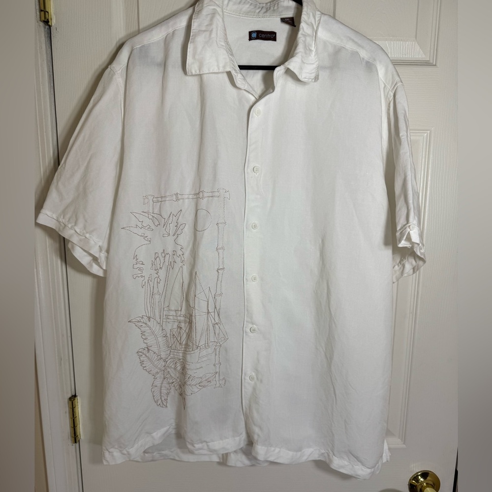 Centro White Embroidered Ramie‎ Rayon Button Shirt XXL Tropical Ship Palm Aloha